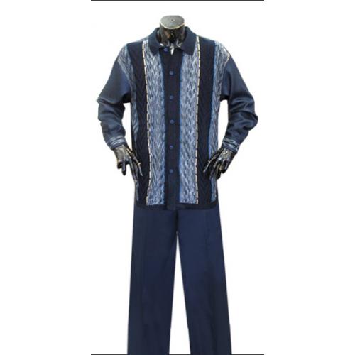 Silversilk Navy / Silver Grey / Sky Blue / Beige Knitted Self Design 2 Pc  Silk Blend Outfit # 1490 / 490